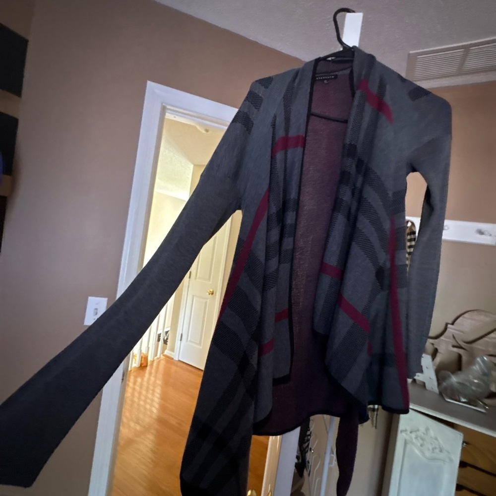 Staccato Burgundy and Gray Knit Open Front Cardigan